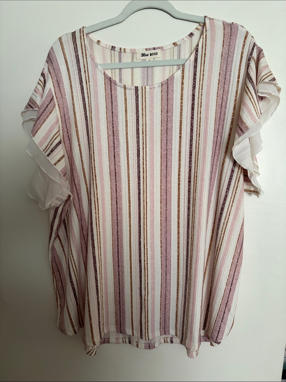 Blue Mood Pink Stripe Ruffle-Sleeve Blouse